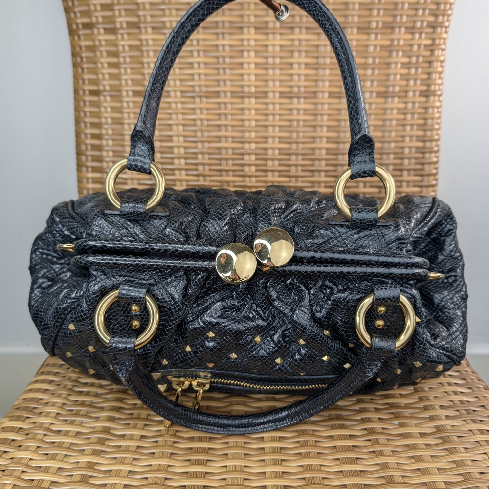 Marc Jacobs Stam Stardust Snake Print Black Leather Satchel Bag Gold Stud Detail - Picture 9 of 15